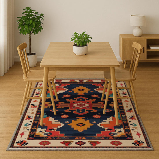 Oriental navy and red tribal chenille rug with burnt orange and beige accents, washable with non-slip recycled cotton backing.