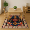 Oriental navy and red tribal chenille rug with burnt orange and beige accents, washable with non-slip recycled cotton backing.