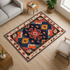 Oriental navy and red tribal chenille rug with burnt orange and beige accents, washable with non-slip recycled cotton backing.