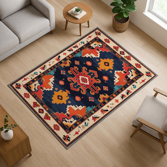 Oriental navy and red tribal chenille rug with burnt orange and beige accents, washable with non-slip recycled cotton backing.