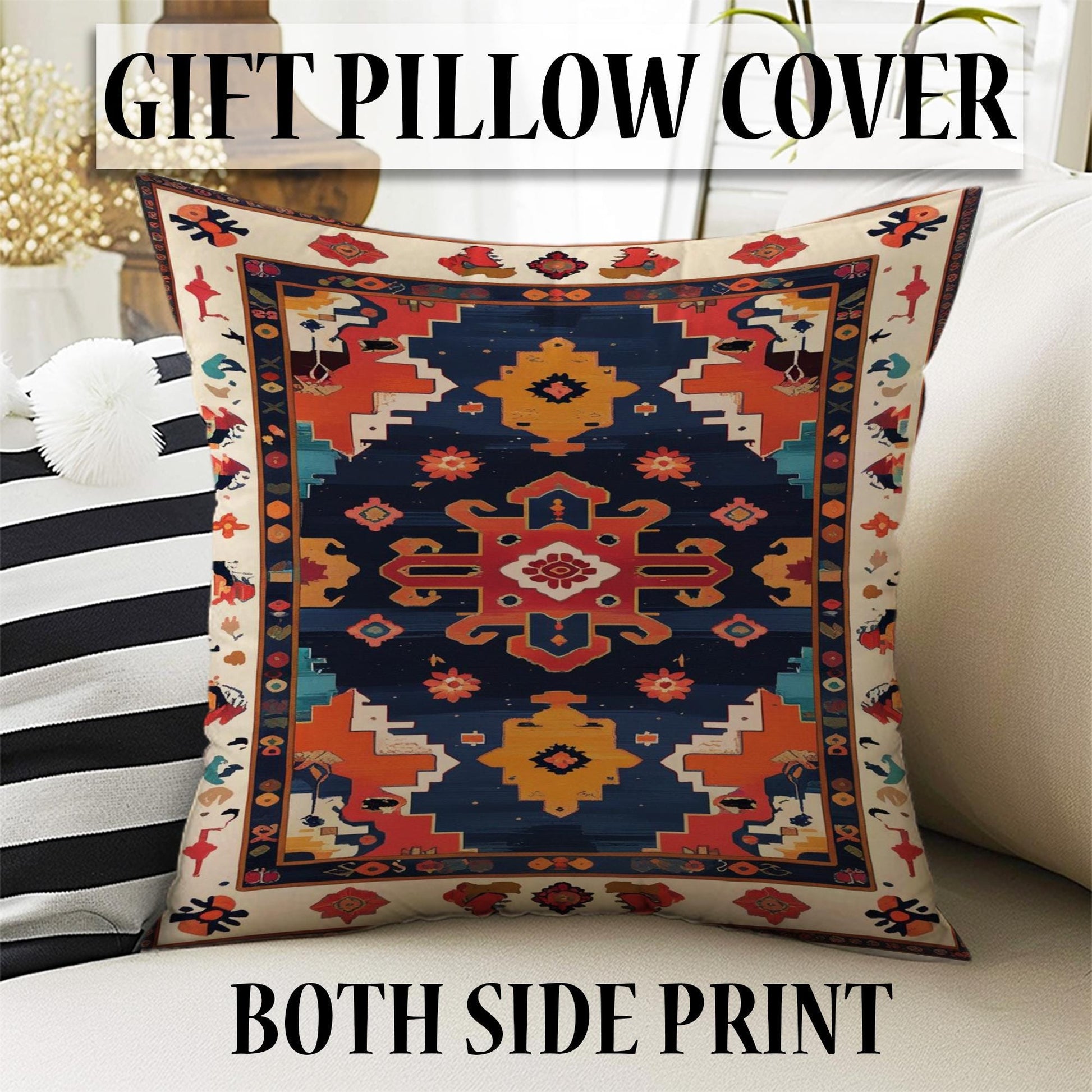 Oriental navy and red tribal chenille rug with burnt orange and beige accents, washable with non-slip recycled cotton backing.