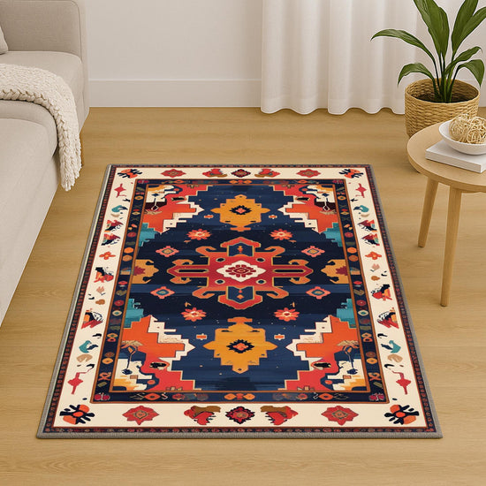 Oriental navy and red tribal chenille rug with burnt orange and beige accents, washable with non-slip recycled cotton backing.