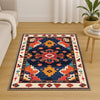 Oriental navy and red tribal chenille rug with burnt orange and beige accents, washable with non-slip recycled cotton backing.