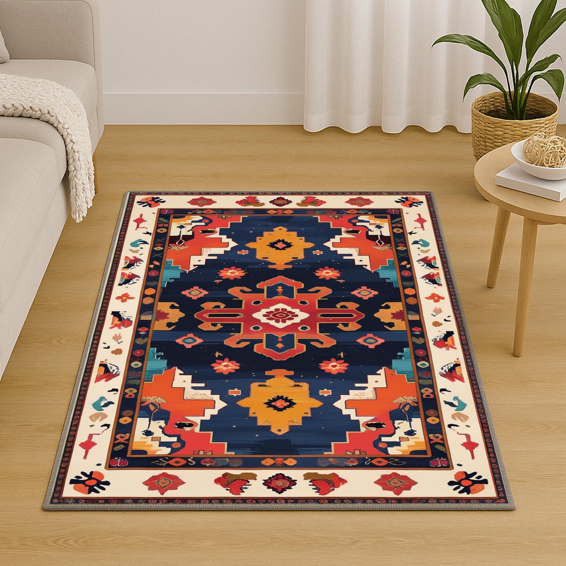 Oriental navy and red tribal chenille rug with burnt orange and beige accents, washable with non-slip recycled cotton backing.