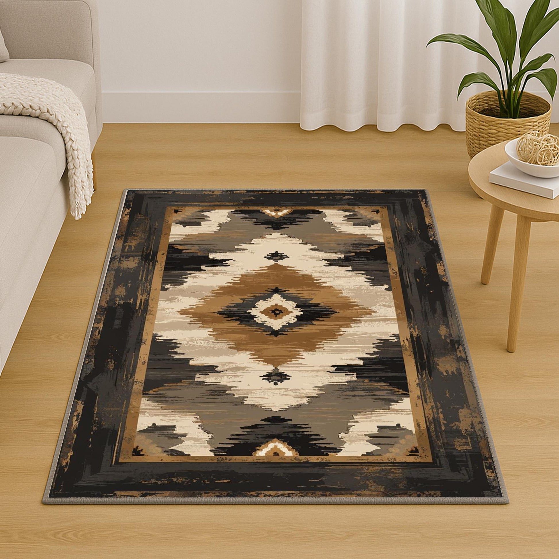 Southwestern geometric tribal chenille rug in earthy brown, beige, black, and tan tones, washable with non-slip recycled cotton backing.