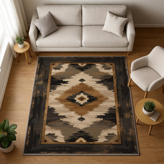 Southwestern geometric tribal chenille rug in earthy brown, beige, black, and tan tones, washable with non-slip recycled cotton backing.