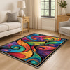 Modern abstract colorful rug with swirling shapes in vibrant hues, washable chenille surface, non-slip recycled cotton backing, perfect for living room or bedroom.