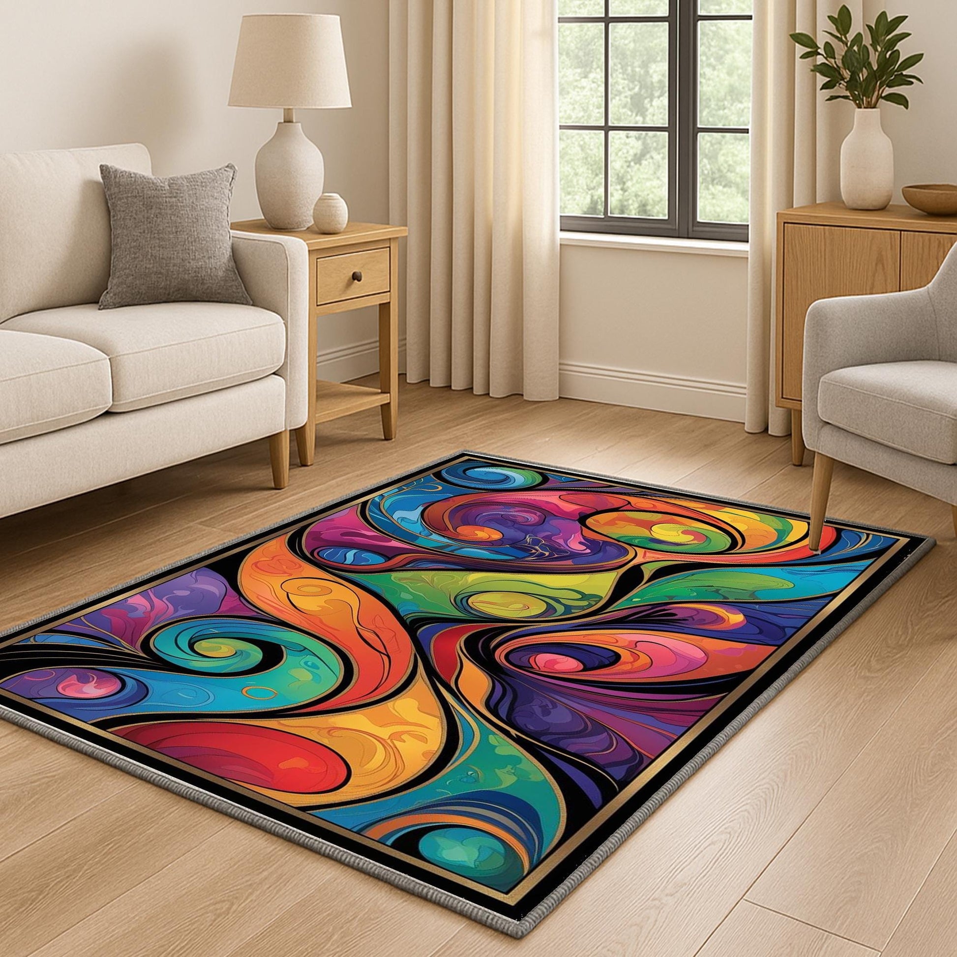 Modern abstract colorful rug with swirling shapes in vibrant hues, washable chenille surface, non-slip recycled cotton backing, perfect for living room or bedroom.