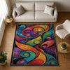 Modern abstract colorful rug with swirling shapes in vibrant hues, washable chenille surface, non-slip recycled cotton backing, perfect for living room or bedroom.