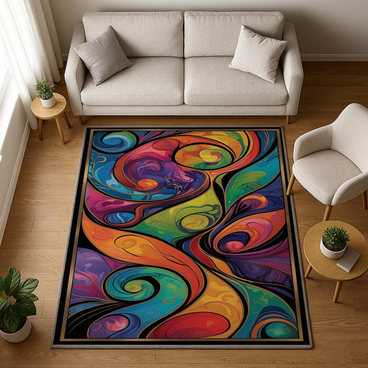 Modern abstract colorful rug with swirling shapes in vibrant hues, washable chenille surface, non-slip recycled cotton backing, perfect for living room or bedroom.