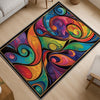 Modern abstract colorful rug with swirling shapes in vibrant hues, washable chenille surface, non-slip recycled cotton backing, perfect for living room or bedroom.