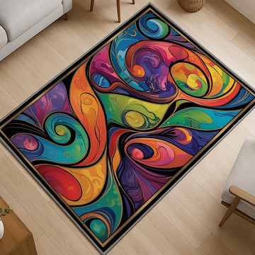 Modern abstract colorful rug with swirling shapes in vibrant hues, washable chenille surface, non-slip recycled cotton backing, perfect for living room or bedroom.
