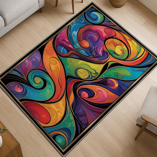 Modern abstract colorful rug with swirling shapes in vibrant hues, washable chenille surface, non-slip recycled cotton backing, perfect for living room or bedroom.