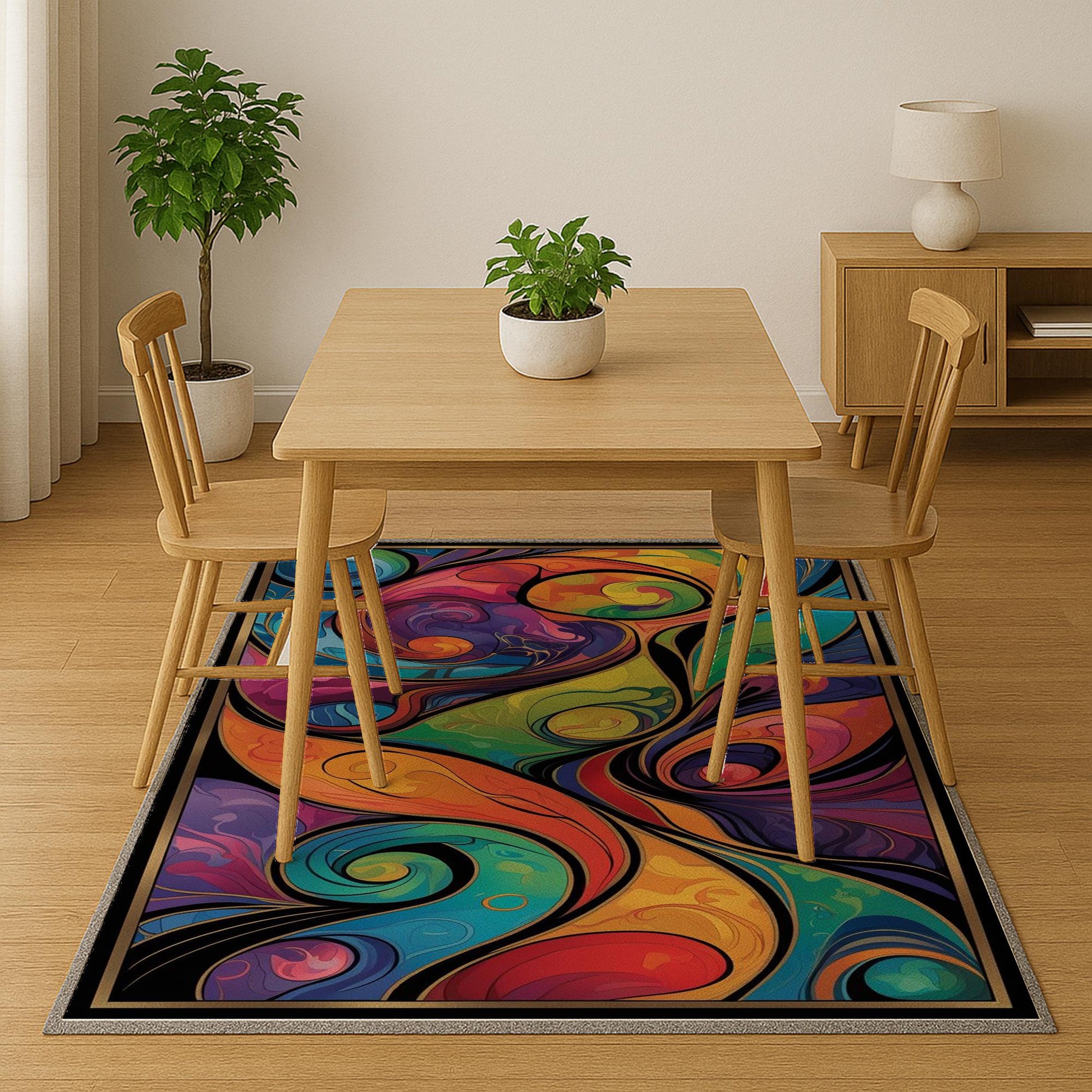 Modern abstract colorful rug with swirling shapes in vibrant hues, washable chenille surface, non-slip recycled cotton backing, perfect for living room or bedroom.