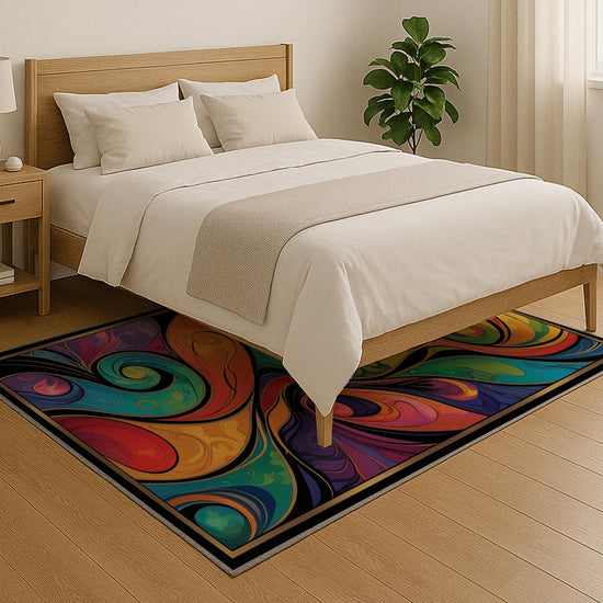 Modern abstract colorful rug with swirling shapes in vibrant hues, washable chenille surface, non-slip recycled cotton backing, perfect for living room or bedroom.