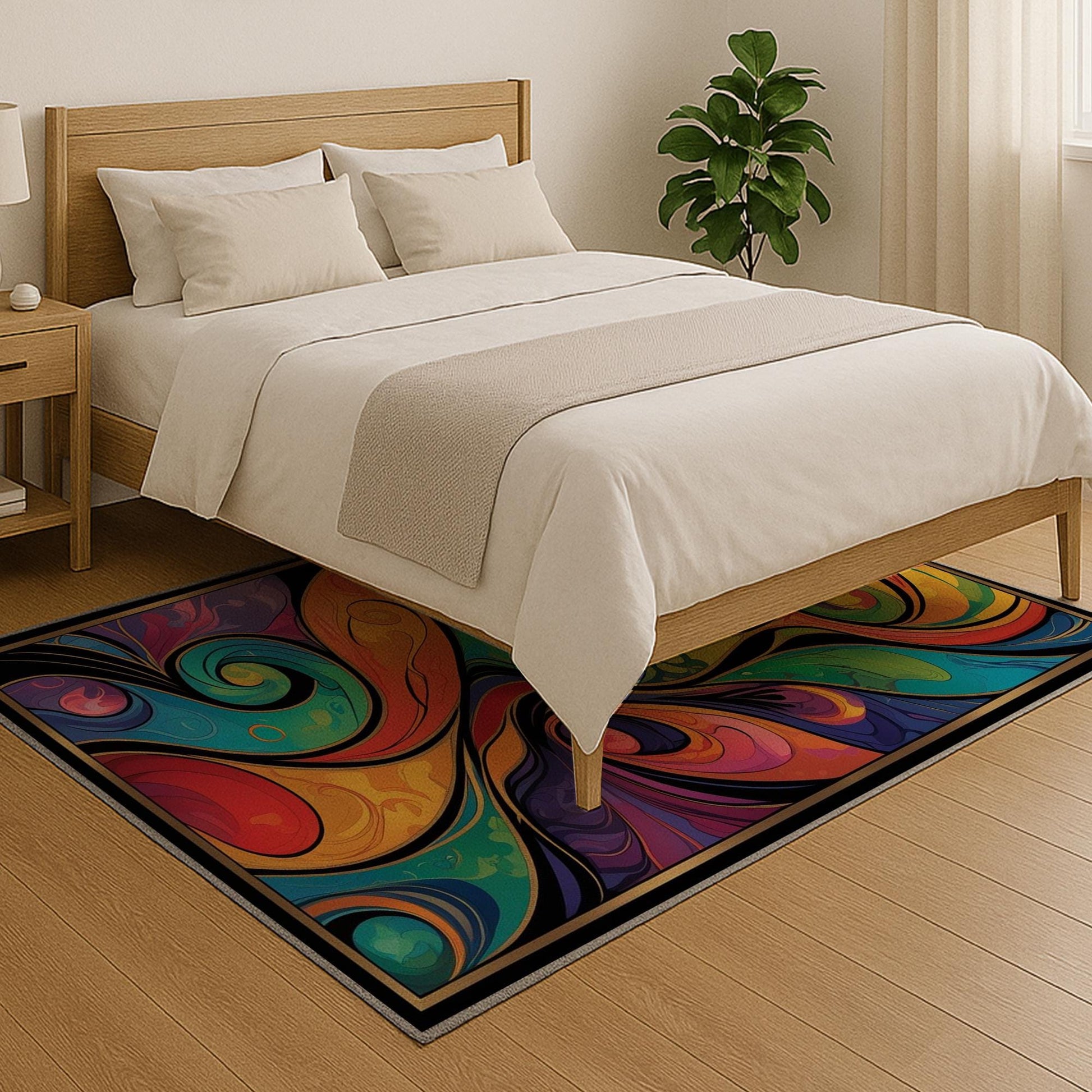 Modern abstract colorful rug with swirling shapes in vibrant hues, washable chenille surface, non-slip recycled cotton backing, perfect for living room or bedroom.