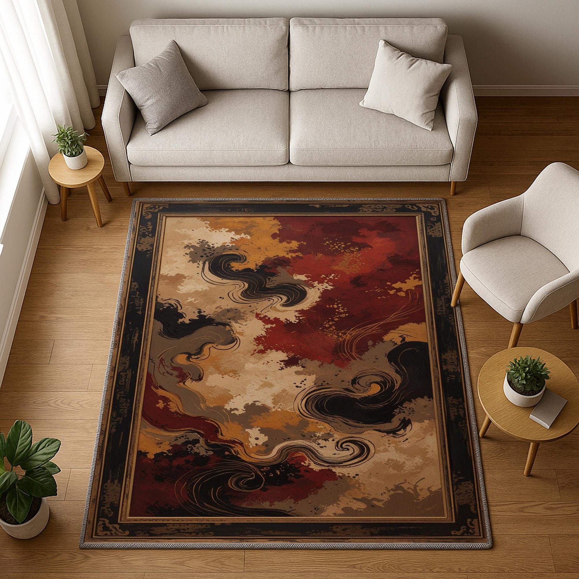 Abstract area rug with antiqued oriental border, swirling red gold and beige pattern, washable chenille fabric with non-slip backing.