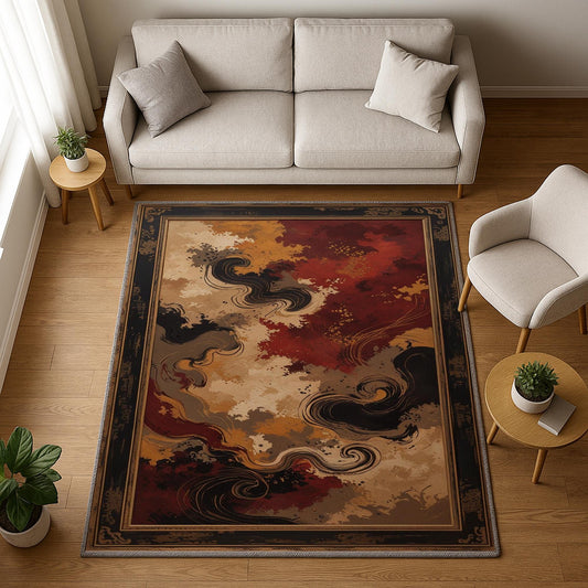 Abstract area rug with antiqued oriental border, swirling red gold and beige pattern, washable chenille fabric with non-slip backing.