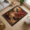 Abstract area rug with antiqued oriental border, swirling red gold and beige pattern, washable chenille fabric with non-slip backing.
