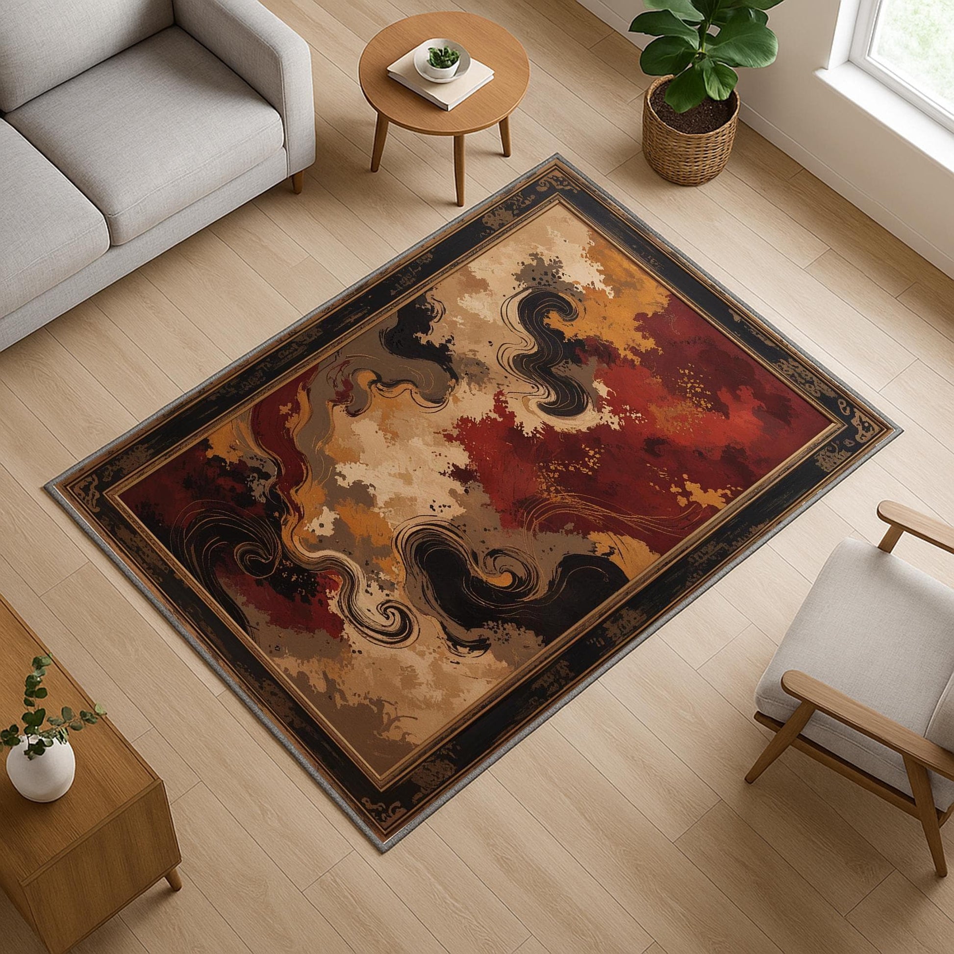 Abstract area rug with antiqued oriental border, swirling red gold and beige pattern, washable chenille fabric with non-slip backing.