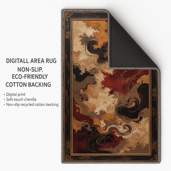 Abstract area rug with antiqued oriental border, swirling red gold and beige pattern, washable chenille fabric with non-slip backing.