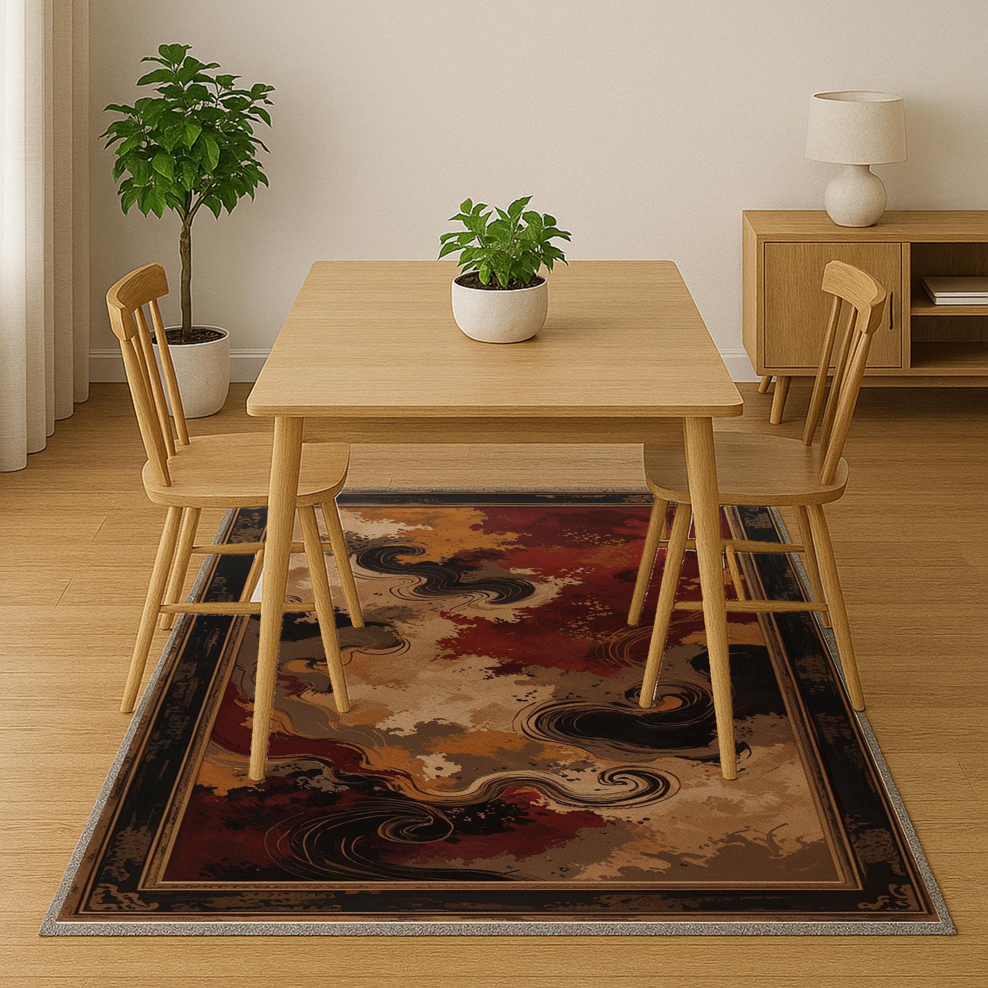 Abstract area rug with antiqued oriental border, swirling red gold and beige pattern, washable chenille fabric with non-slip backing.