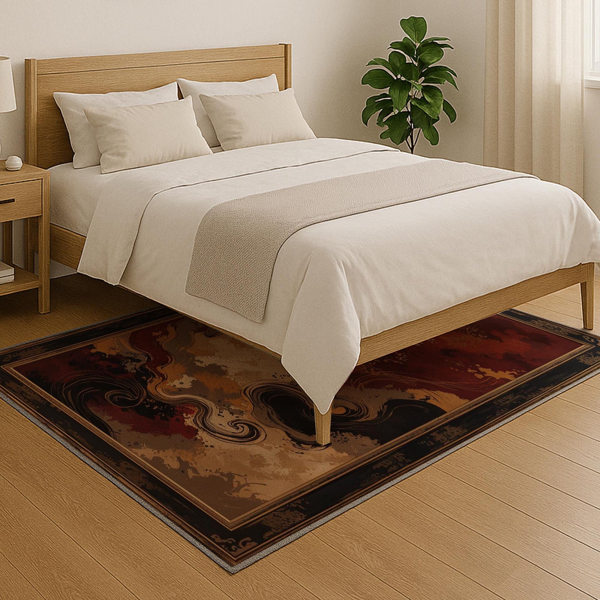 Abstract area rug with antiqued oriental border, swirling red gold and beige pattern, washable chenille fabric with non-slip backing.