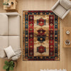 Vintage Turkish kilim-style chenille rug with red and blue medallion motifs, oriental floral border, washable non-slip backing for boho and rustic decor.