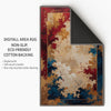Floral abstract chenille rug with red, gold, and blue oriental border, soft beige center, washable non-slip backing, perfect for vintage and elegant decor.