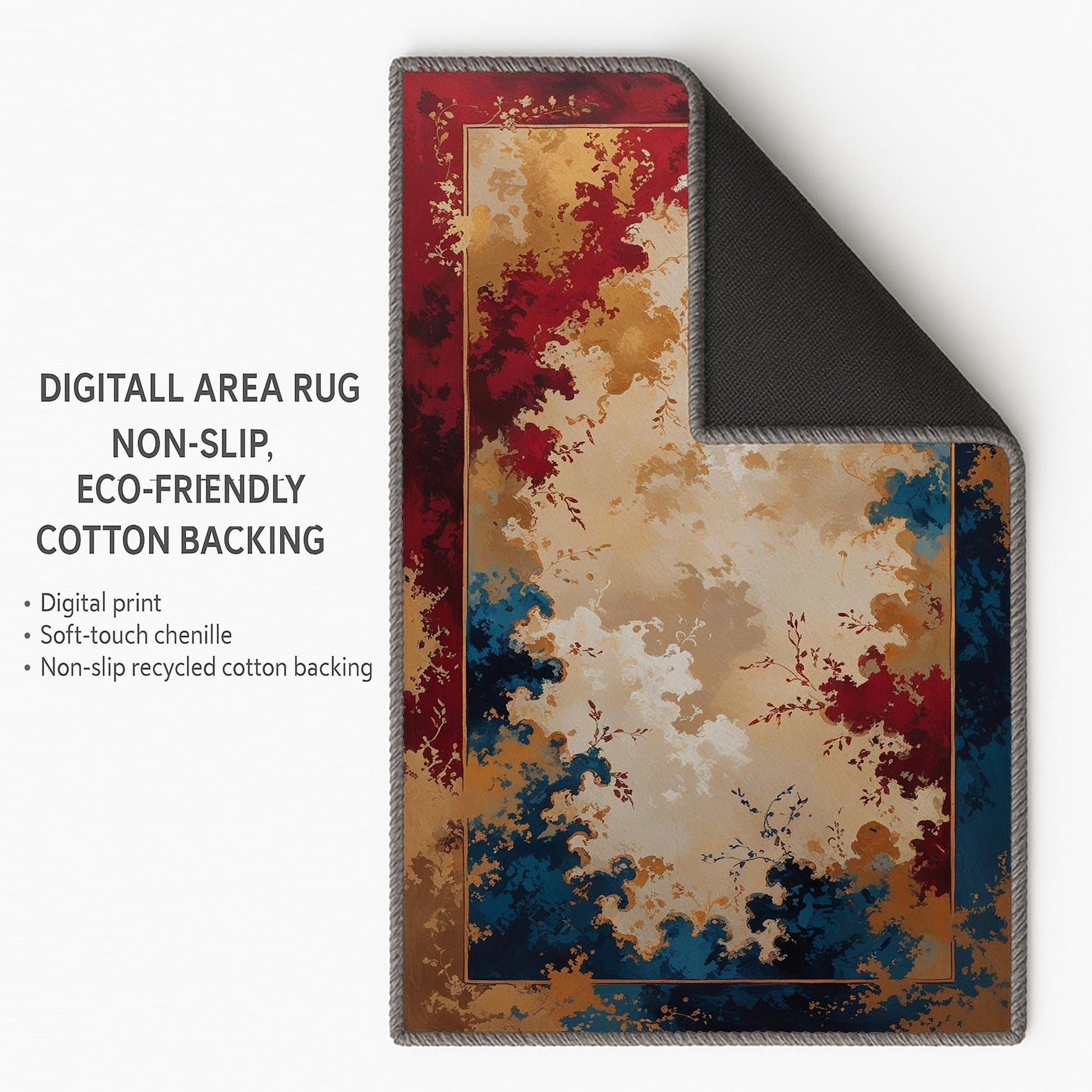Floral abstract chenille rug with red, gold, and blue oriental border, soft beige center, washable non-slip backing, perfect for vintage and elegant decor.