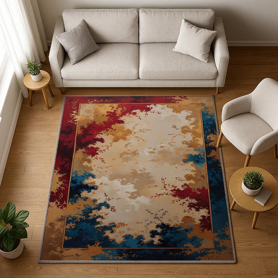 Floral abstract chenille rug with red, gold, and blue oriental border, soft beige center, washable non-slip backing, perfect for vintage and elegant decor.