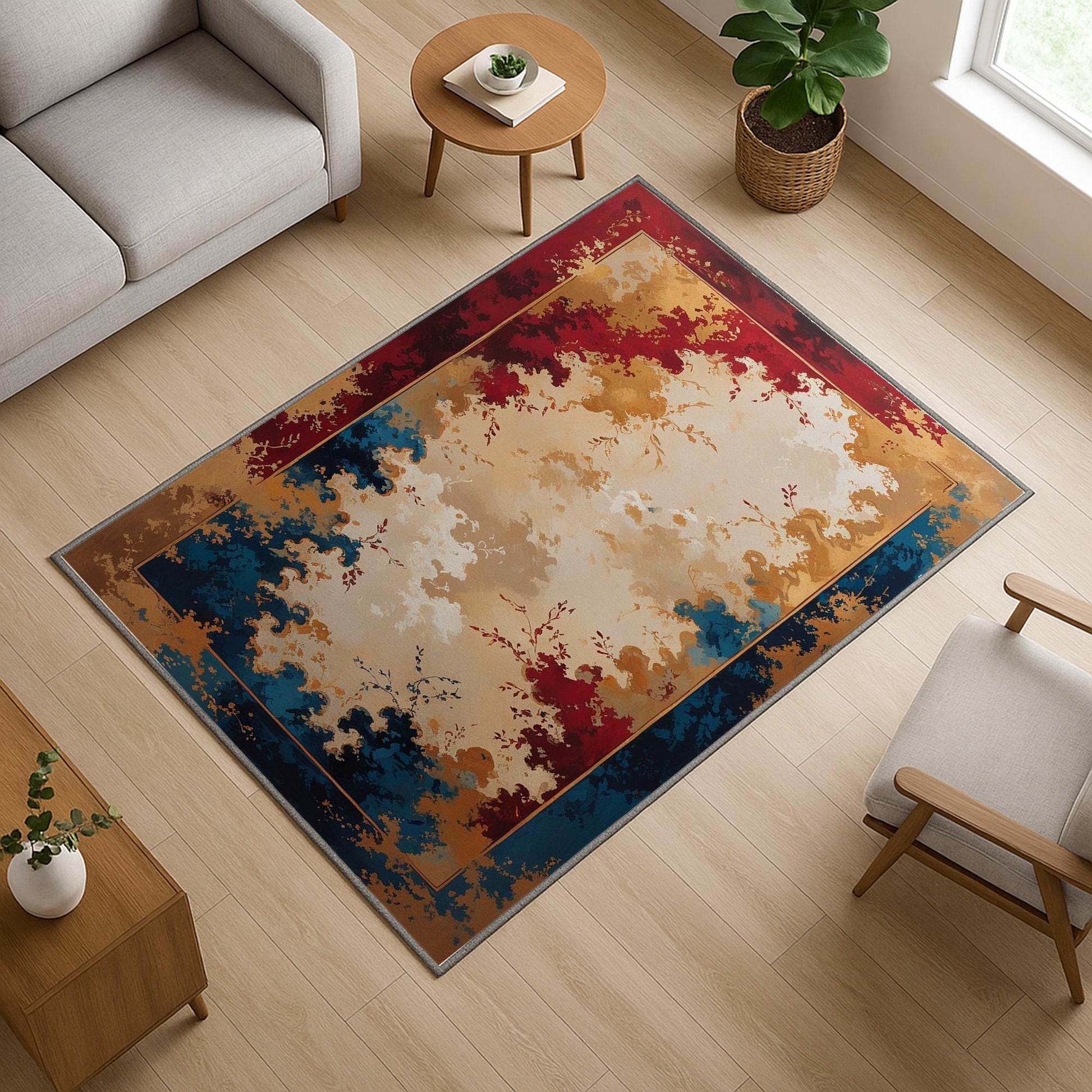 Floral abstract chenille rug with red, gold, and blue oriental border, soft beige center, washable non-slip backing, perfect for vintage and elegant decor.