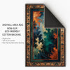 Abstract chenille rug with green, blue, and orange tones, vintage oriental border, washable non-slip backing, perfect for modern and artistic home decor.