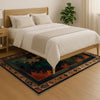 Abstract chenille rug with green, blue, and orange tones, vintage oriental border, washable non-slip backing, perfect for modern and artistic home decor.