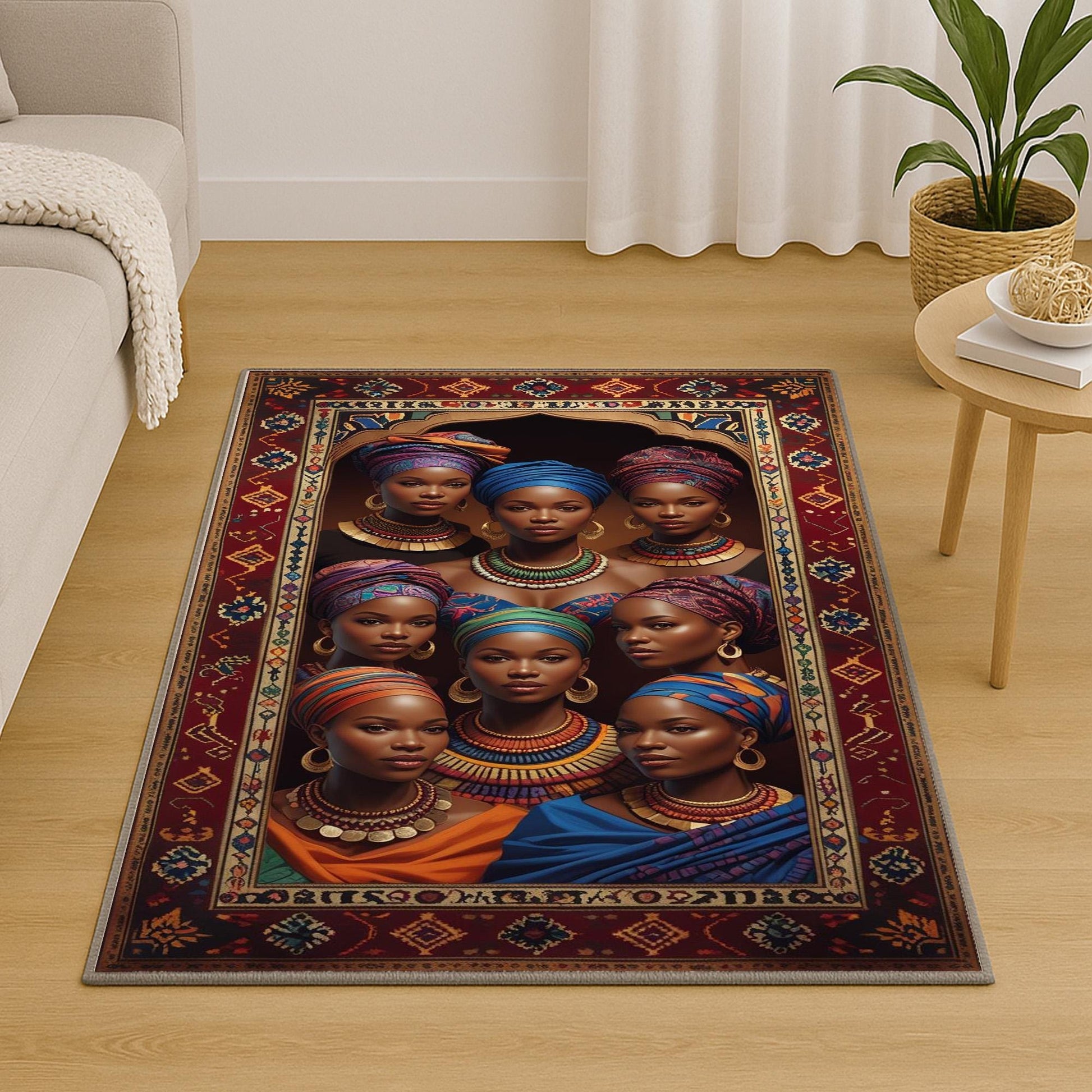 Artistic African-inspired portrait illustration with vibrant headwraps and jewelry, framed by an oriental-style rug border, washable non-slip chenille surface.