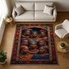 Artistic African-inspired portrait illustration with vibrant headwraps and jewelry, framed by an oriental-style rug border, washable non-slip chenille surface.