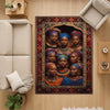 Artistic African-inspired portrait illustration with vibrant headwraps and jewelry, framed by an oriental-style rug border, washable non-slip chenille surface.
