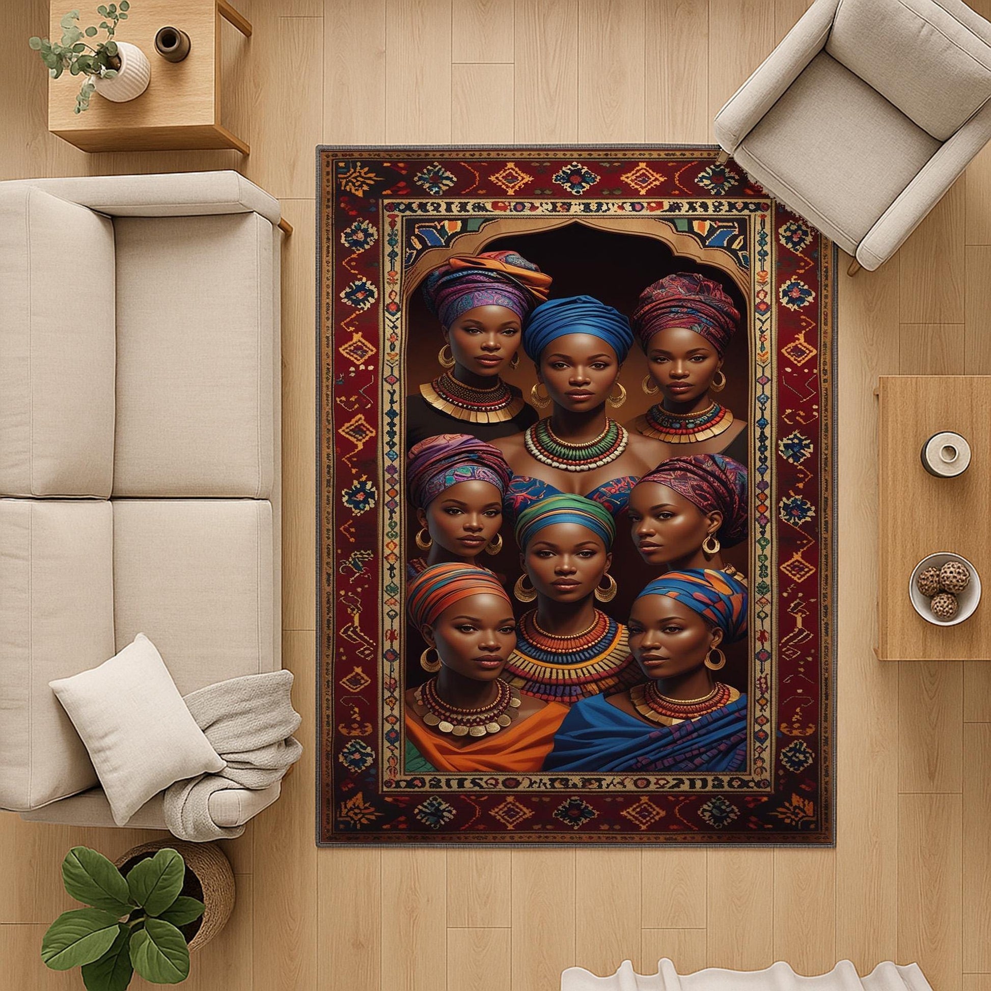 Artistic African-inspired portrait illustration with vibrant headwraps and jewelry, framed by an oriental-style rug border, washable non-slip chenille surface.