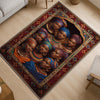 Artistic African-inspired portrait illustration with vibrant headwraps and jewelry, framed by an oriental-style rug border, washable non-slip chenille surface.