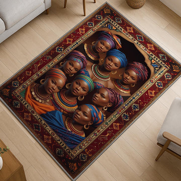 Artistic African-inspired portrait illustration with vibrant headwraps and jewelry, framed by an oriental-style rug border, washable non-slip chenille surface.