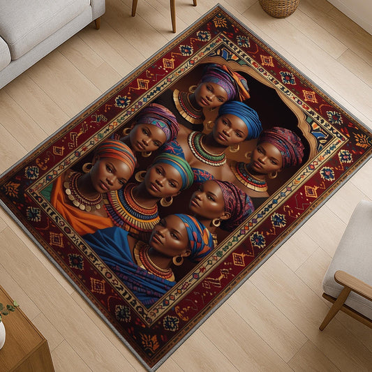Artistic African-inspired portrait illustration with vibrant headwraps and jewelry, framed by an oriental-style rug border, washable non-slip chenille surface.