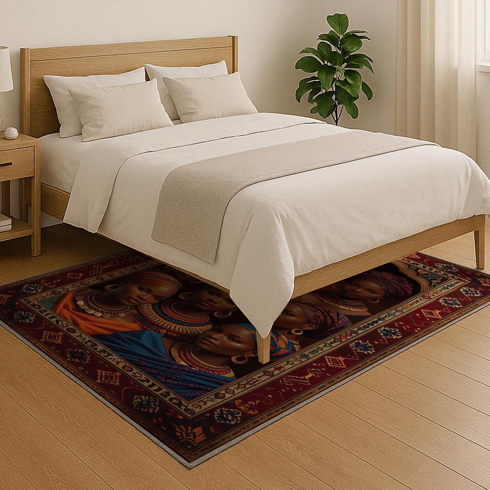 Artistic African-inspired portrait illustration with vibrant headwraps and jewelry, framed by an oriental-style rug border, washable non-slip chenille surface.