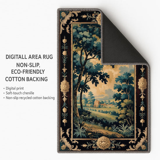 french tapestry rug, victorian border, vintage landscape rug, chenille rug, washable carpet, antique style rug, pastoral scene, non slip rug, shabby chic decor, european design rug, classic home decor, wall tapestry rug, countryside view rug