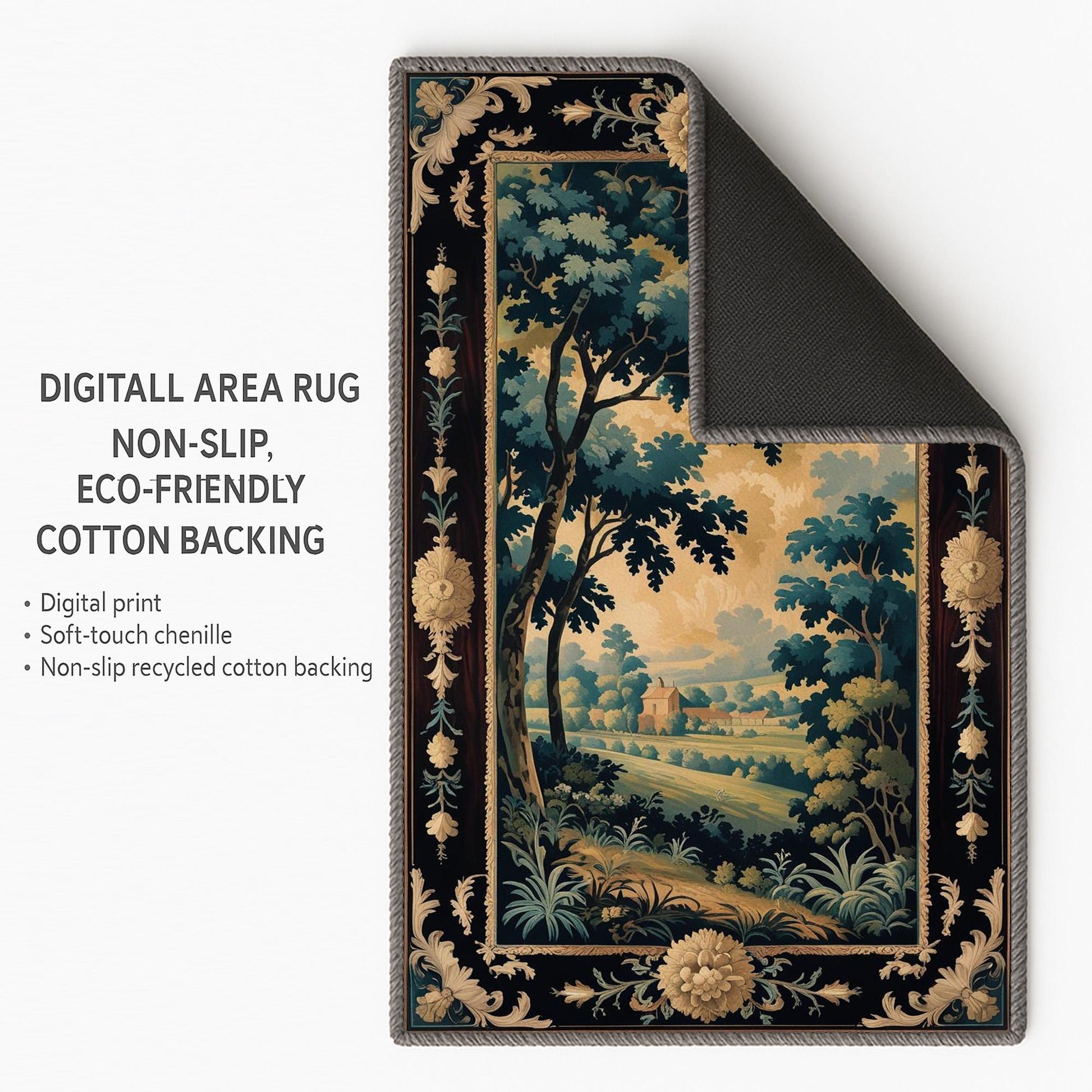 french tapestry rug, victorian border, vintage landscape rug, chenille rug, washable carpet, antique style rug, pastoral scene, non slip rug, shabby chic decor, european design rug, classic home decor, wall tapestry rug, countryside view rug