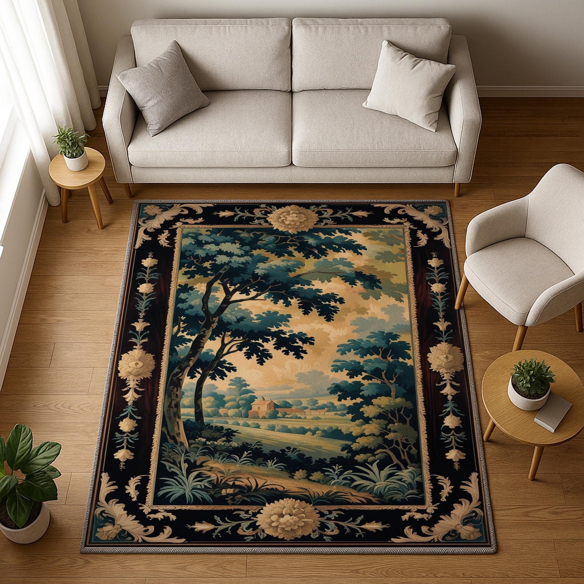 french tapestry rug, victorian border, vintage landscape rug, chenille rug, washable carpet, antique style rug, pastoral scene, non slip rug, shabby chic decor, european design rug, classic home decor, wall tapestry rug, countryside view rug