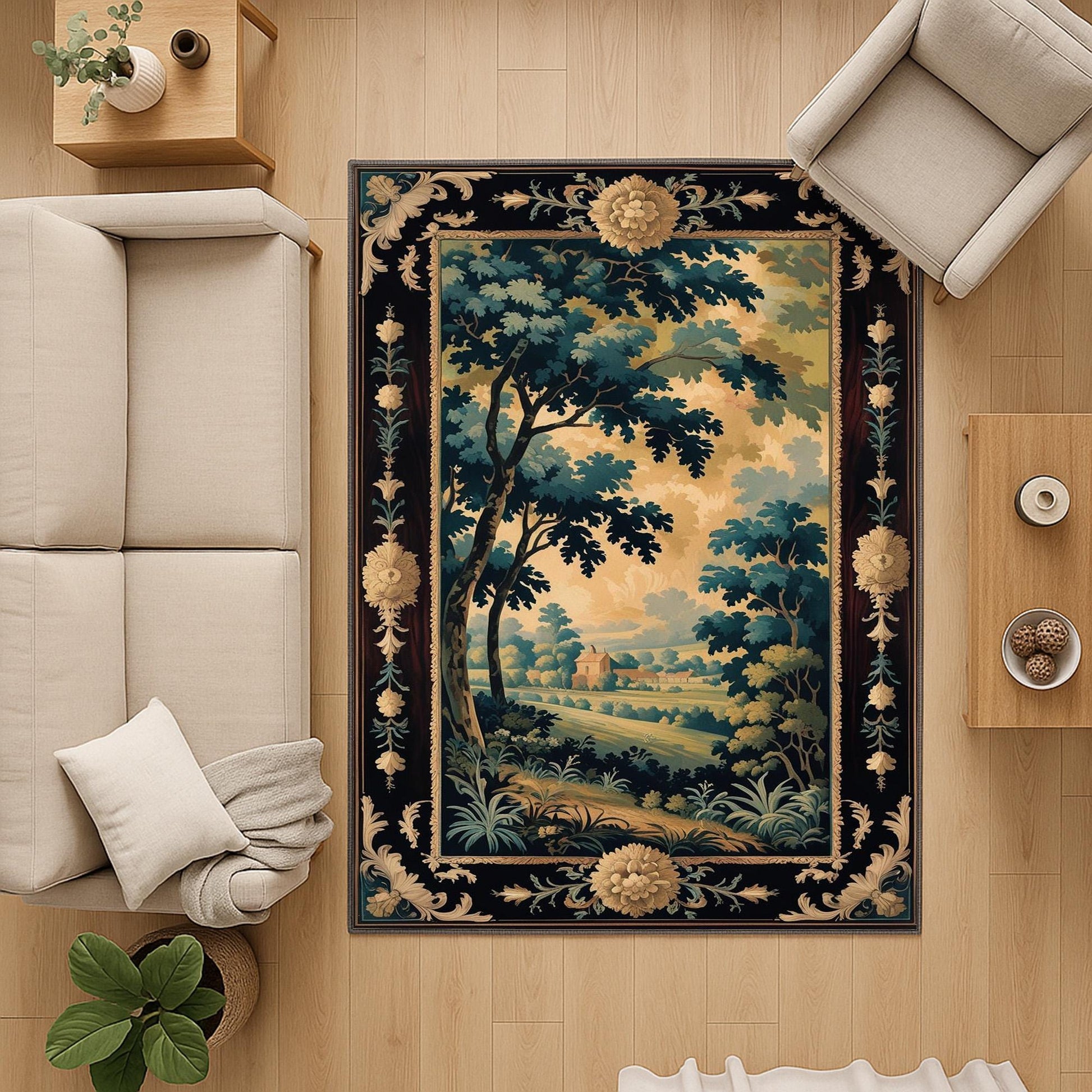 french tapestry rug, victorian border, vintage landscape rug, chenille rug, washable carpet, antique style rug, pastoral scene, non slip rug, shabby chic decor, european design rug, classic home decor, wall tapestry rug, countryside view rug