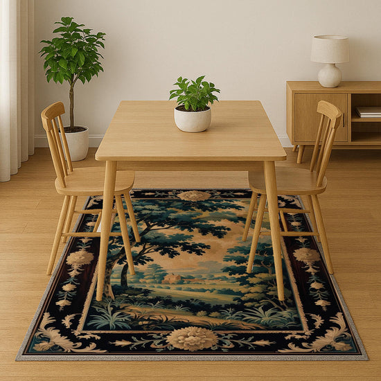 french tapestry rug, victorian border, vintage landscape rug, chenille rug, washable carpet, antique style rug, pastoral scene, non slip rug, shabby chic decor, european design rug, classic home decor, wall tapestry rug, countryside view rug