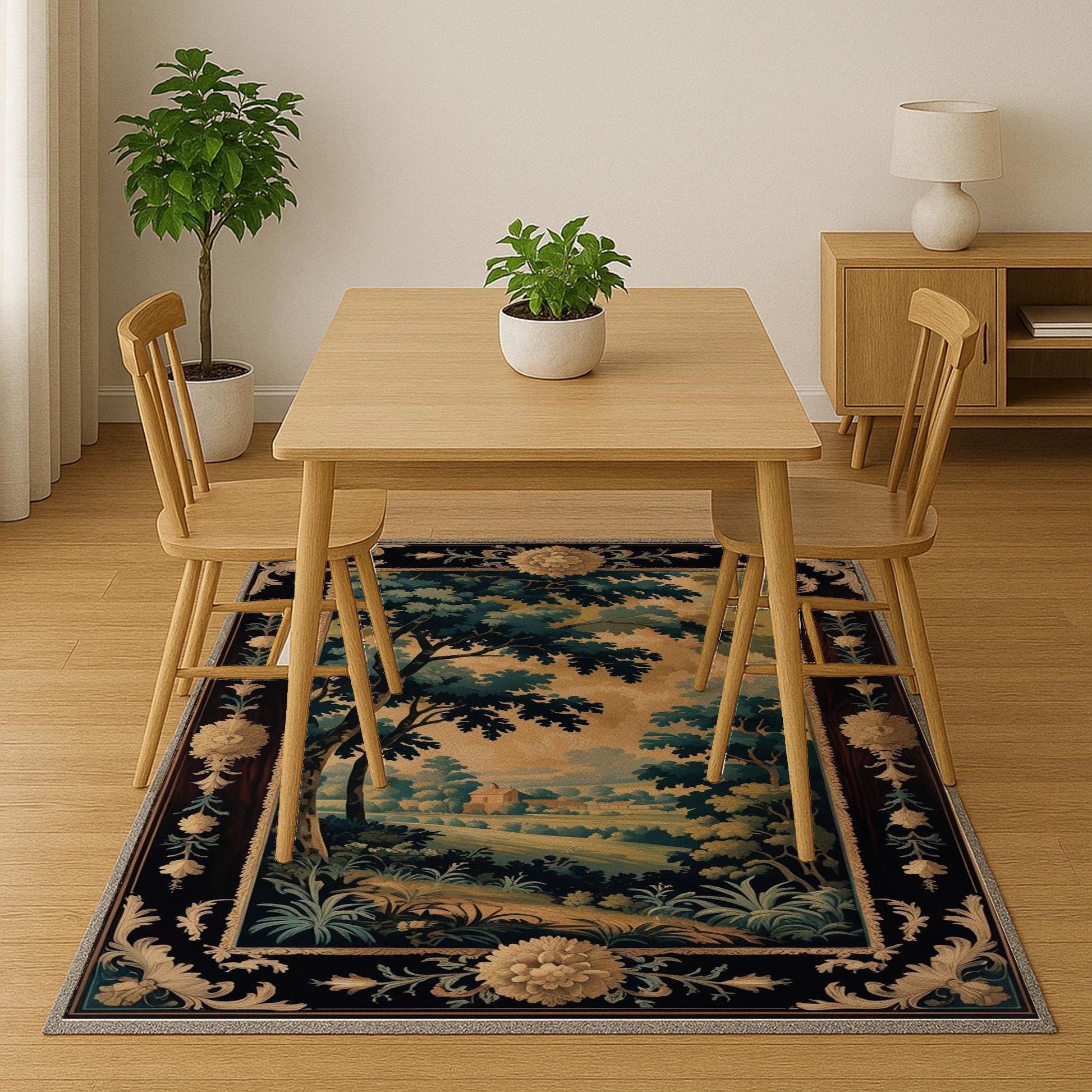 french tapestry rug, victorian border, vintage landscape rug, chenille rug, washable carpet, antique style rug, pastoral scene, non slip rug, shabby chic decor, european design rug, classic home decor, wall tapestry rug, countryside view rug