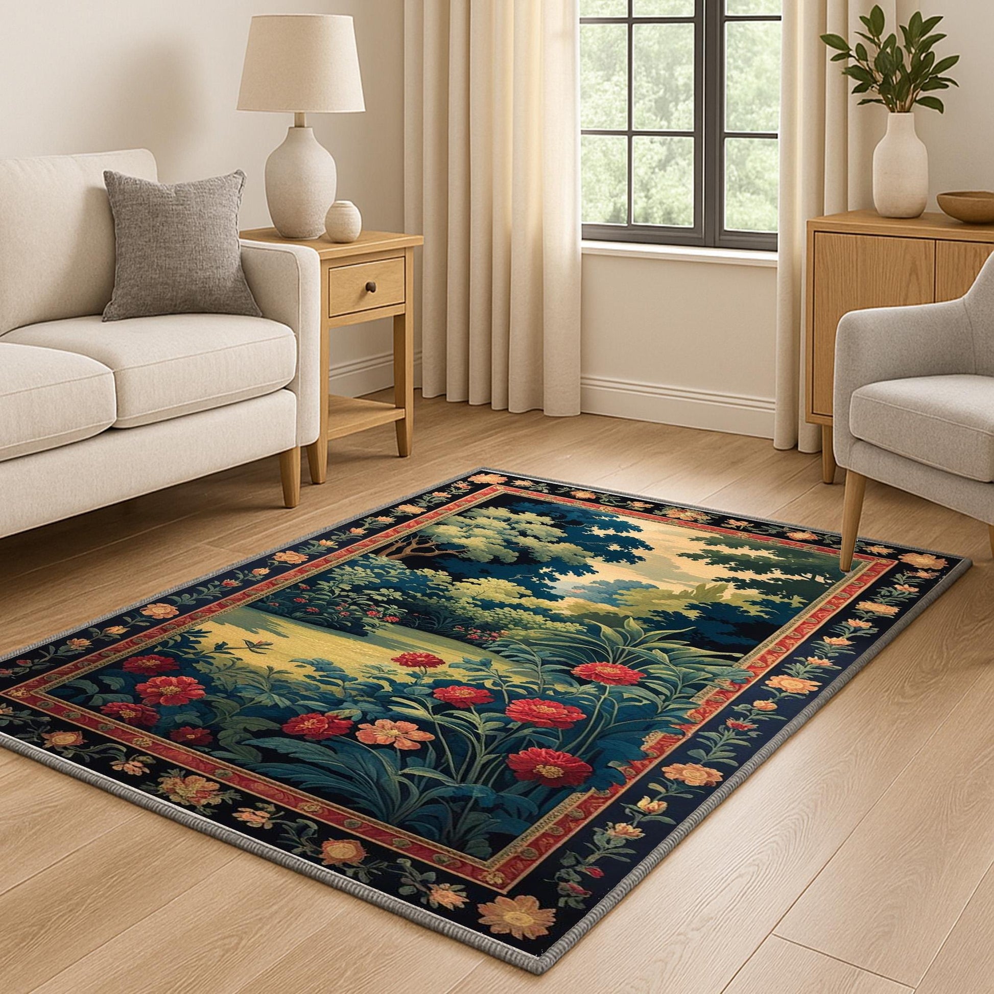 Antique tapestry-style chenille rug featuring a lush garden with red flowers and Victorian floral border, washable non-slip backing, perfect for vintage home decor.