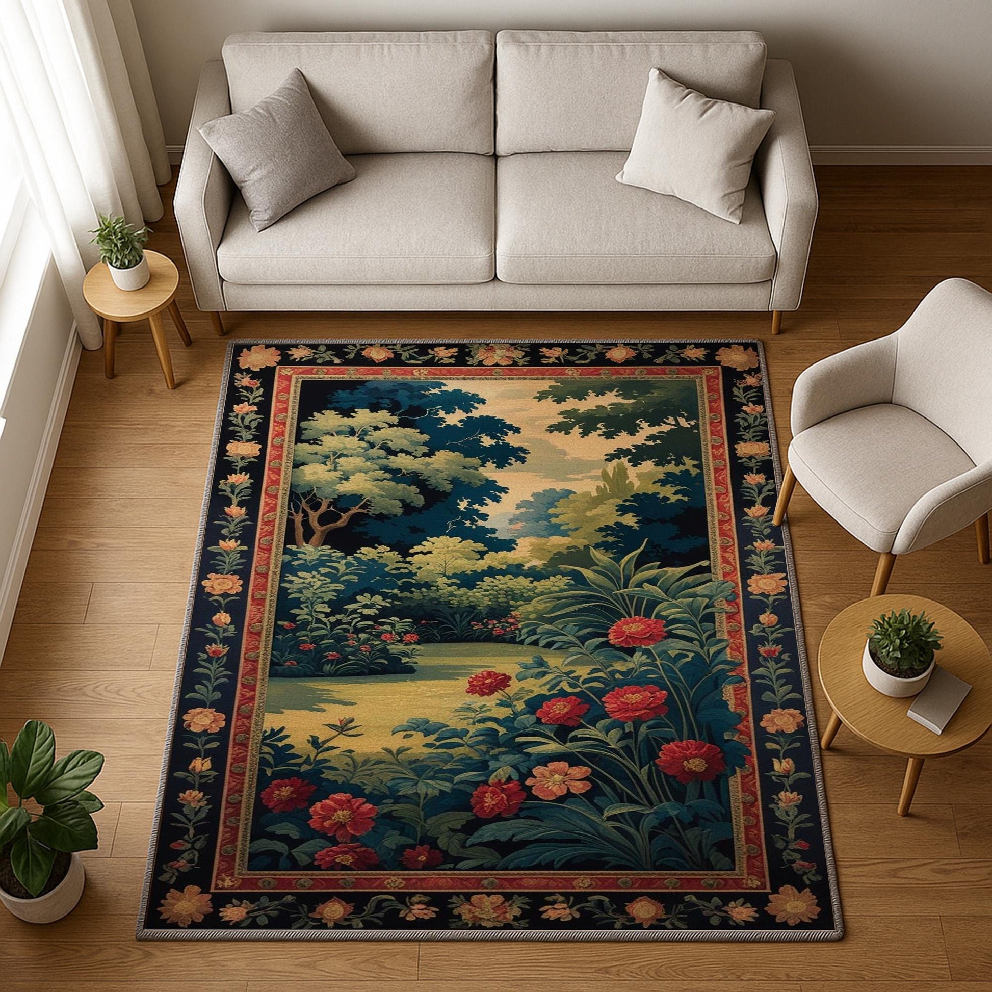 Antique tapestry-style chenille rug featuring a lush garden with red flowers and Victorian floral border, washable non-slip backing, perfect for vintage home decor.